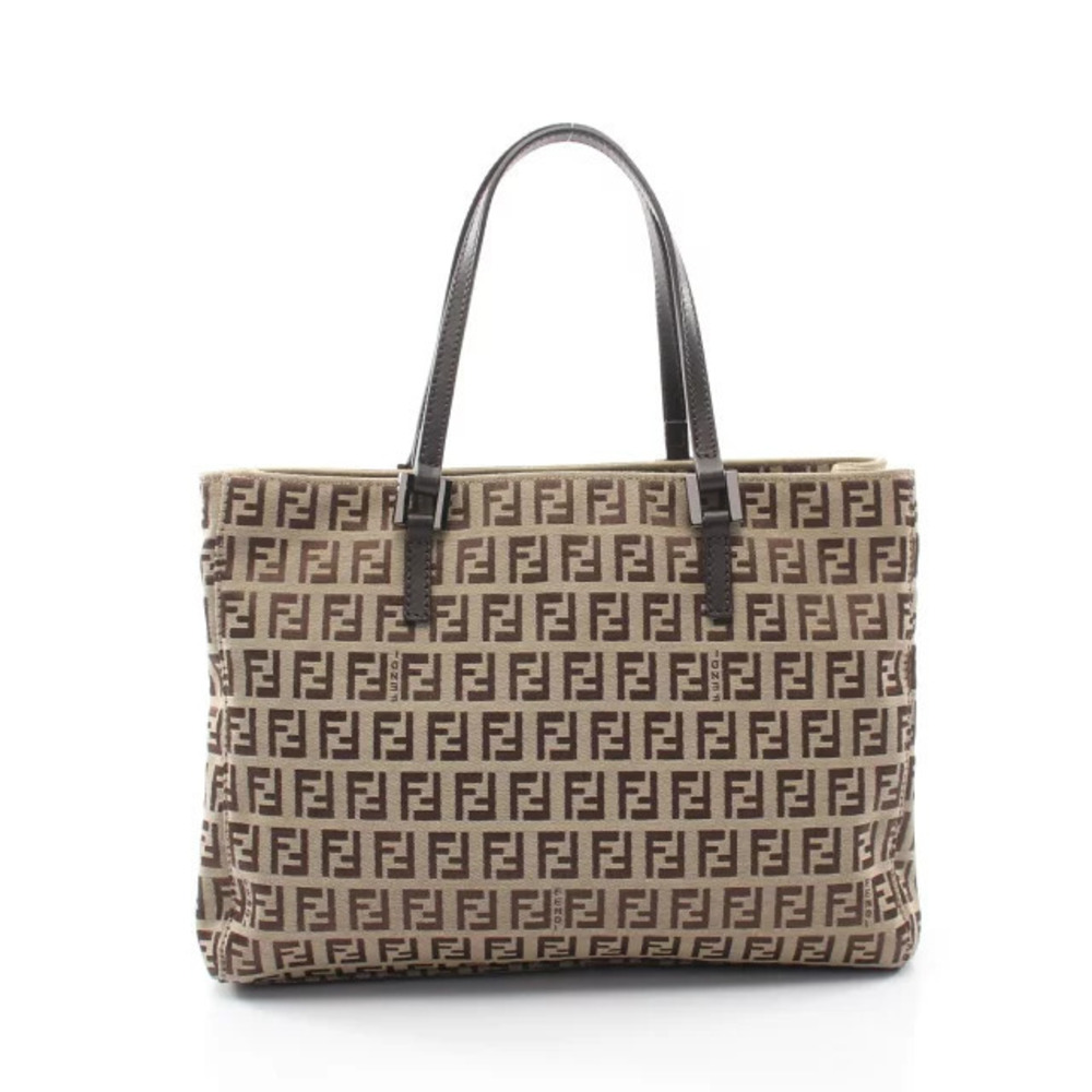 Fendi Zucchino Tote Bag Canvas Leather Beige Cream Brown